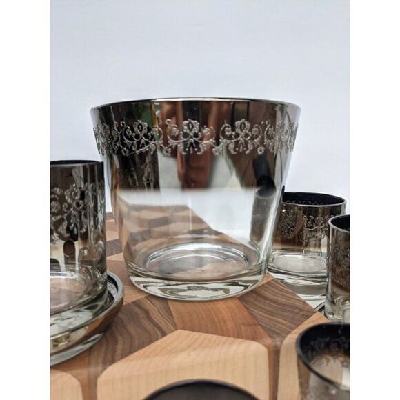 Queen's Lusterware vitreon Ice bucket rock/shot glass set, faded mercury silver - Picture 2 of 9